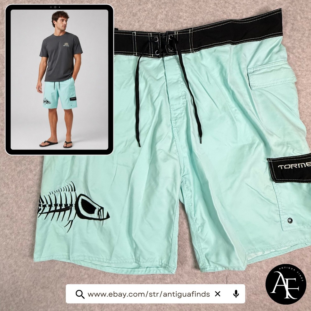 Tormenter Mens Board Shorts Mint Green Fish Skeleton Cargo Pocket Size 46‎